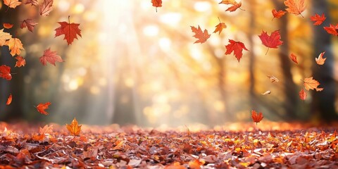 Autumn forest scene with golden red leaves scattered on the ground, soft blurred background, warm sunlight filtering through the trees.