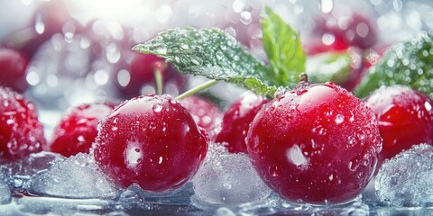 Fresh juicy red cherries with water droplets and green mint leaves on a bed of ice, highlighting vibrant colors and refreshing details.