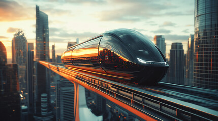 A futuristic monorail gliding above a city skyline.