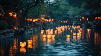 Obraz premium Floating lanterns illuminate a tranquil river.