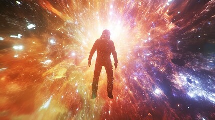 Naklejka premium A girl walks through an immersive tunnel of light and digital data, with pink neon lights.