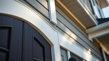 Elegant Home Exterior: Modern House Design with Gray Siding, White Trim, and Black Door. High-end Real Estate, Architecture, and Home Improvement