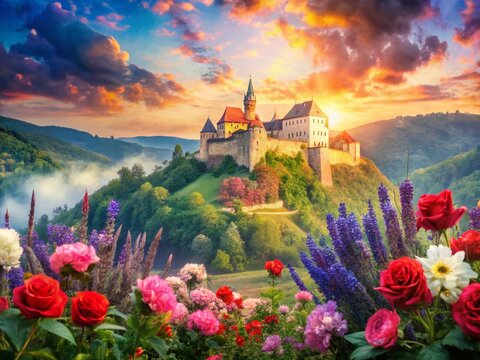 Double Exposure: Medieval Castle Grabstejn & Floral Abundance, Czech Republic