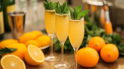 A sparkling beverage-making class with glasses, fresh mint, and citrus fruits