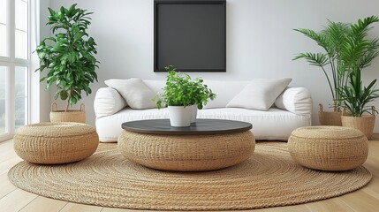 Modern Minimalist Living Room with Natural Elements and Plants