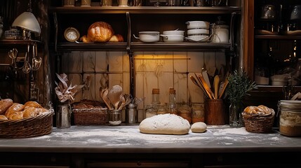 A sparkling bread-making counter with dough, flour, and rolling pins