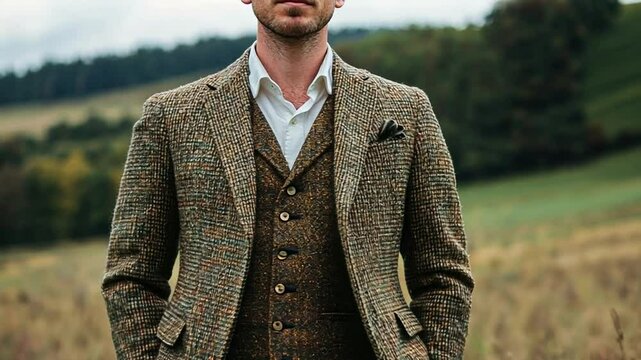 Man in Brown Tweed Suit Jacket in a Field