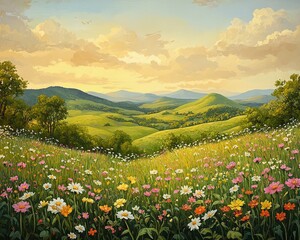 Fototapeta premium Echoes of the Earth , Serene View of Rolling Hills and Colorful Flowers