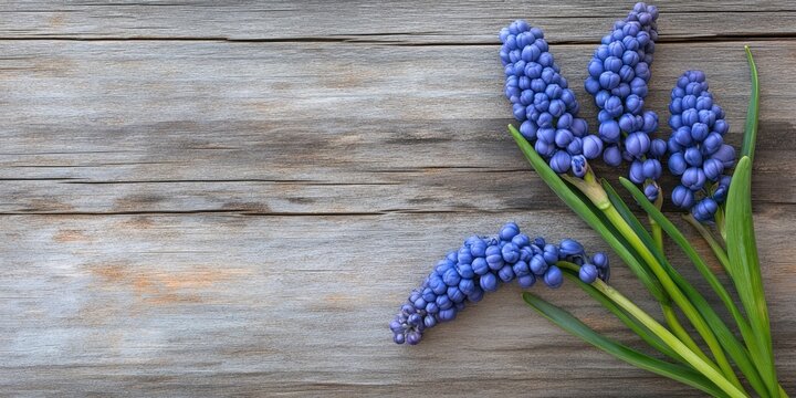 Vibrant grape hyacinth flowers in clusters of blue and purple on a rustic aged wooden surface with green leaves positioned on the right side
