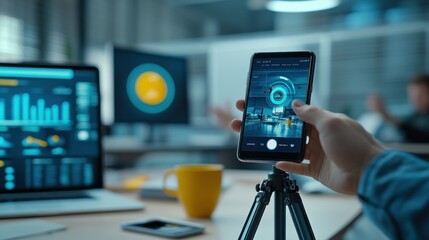 Smartphone on Tripod Capturing Data in Modern Office Environment