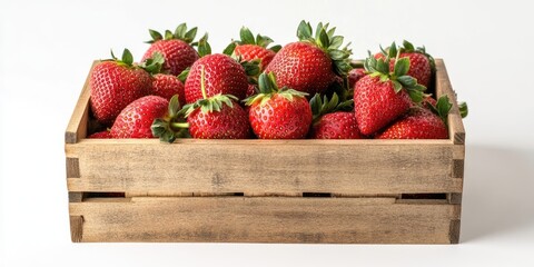 Ripe red strawberries overflowing in a rustic wooden basket centered against a clean white background creating a fresh and vibrant composition