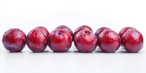Obraz premium Ripe red plums with droplets arranged in a straight line on a clean white background creating a vibrant and fresh food presentation