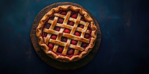 Sweet fruit pie on a round wooden board against a dark blue background, featuring a golden lattice crust and vibrant red strawberries on top.