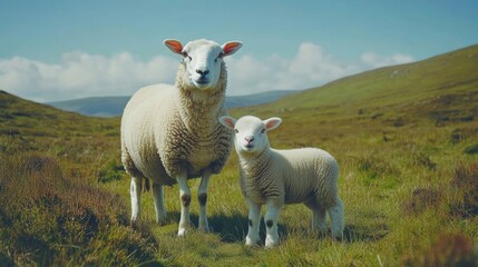 Obraz premium Sheep and Lamb in a Scenic Green Meadow Under Blue Sky