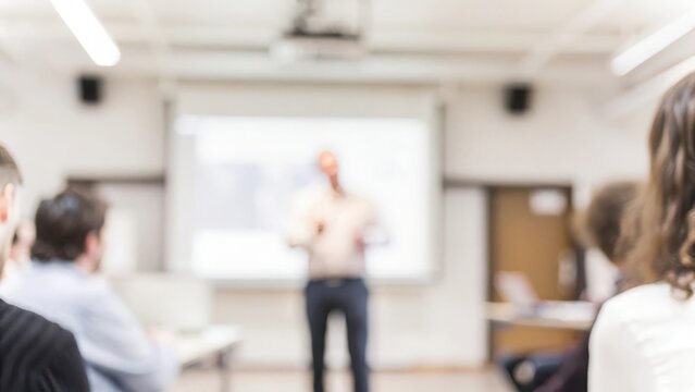 A business presenter addressing a small team, with the projector screen and attendees blurred for a focused yet dynamic effect.