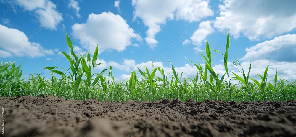 Wall mural Young plants in field under blue sky; agriculture