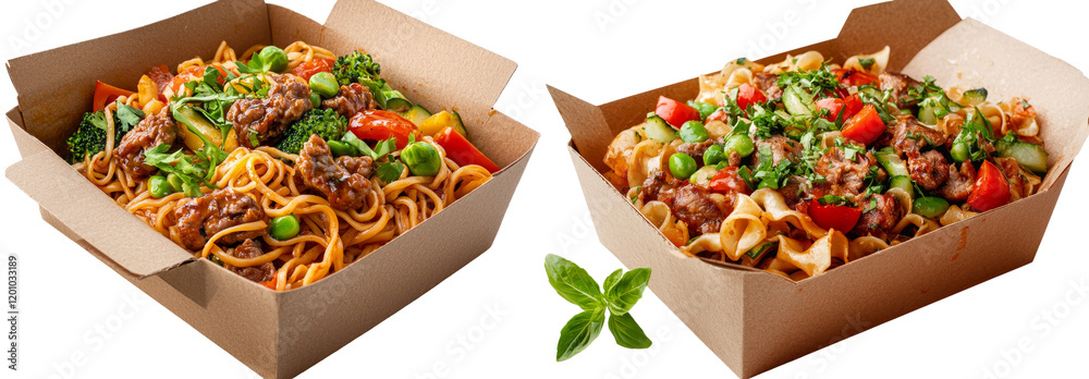 Poster Isolated image of a noodle box with beef on a clear background