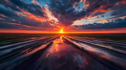 Vibrant Sunset Over Waterlogged Rice Paddy Fields