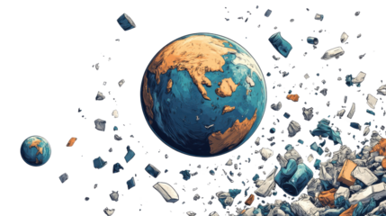 Earth with plastic and dust cascading isolated on white background 