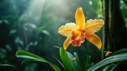 Fototapeta premium Yellow orchid with two bees in sunlit forest background. Stock image for nature and botanical themes