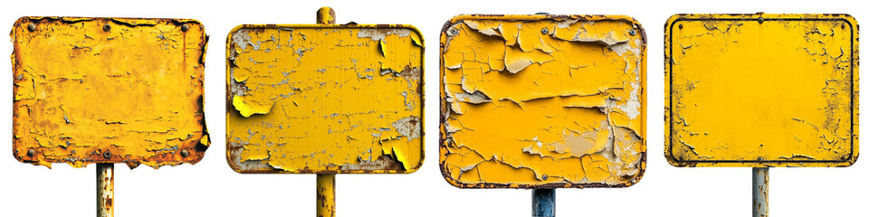 Obraz premium On a transparent background, an isolated blank old yellow road sign stands