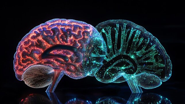 A digital brain and human brain fusing together in a vibrant display of light and neural patterns representing the integration of knowledge and intuition