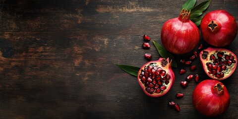 Vibrant ripe pomegranates on dark wooden background with green leaves arranged artistically from top left to bottom right with space for text
