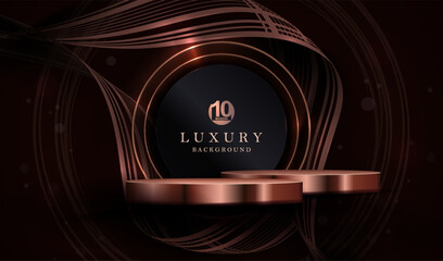 Composition with a podium and a round frame in copper and gold colors with wavy ribbons.