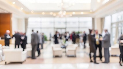 A spacious hotel lobby filled with blurred professionals carrying name tags and networking in a bright, professional setting.
