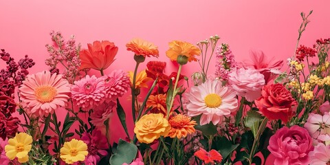 Obraz premium Vibrant arrangement of pink, yellow, and orange flowers against a soft pink background, creating a fresh and cheerful floral display.