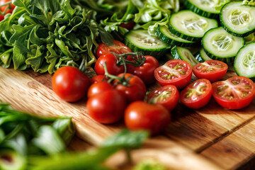 hands preparing a fresh salad, a mix of leafy greens, cherry tomatoes, and sliced cucumbers,