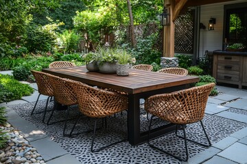 Dark brown resin outdoor dining table with chairs on a patio, surrounded by garden background. Perfect for outdoor dining and patio decor.