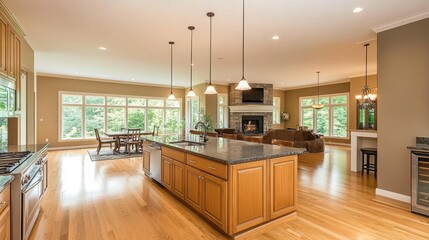 A bright modern kitchen with an open floor plan, light wood flooring, and pendant lights illuminating the central island.