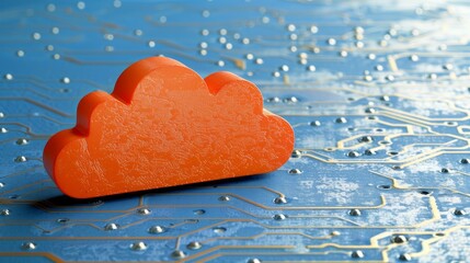 Vibrant orange cloud icon on blue circuit board, representing cloud computing and digital storage