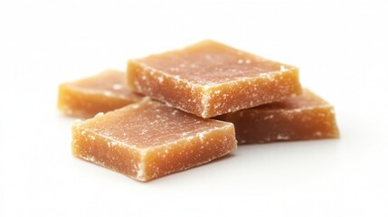 Delicious Soft Brown Caramel Candy Squares on White Background