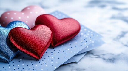 Fototapeta premium Close-up Shot of Valentine's Day Cards with Red Heart Decorations