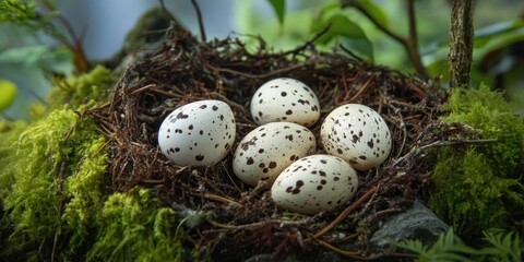 Obraz premium Japanese quail eggs nestled in a mossy nest with five speckled white eggs placed centrally, surrounded by lush green foliage and natural habitat.