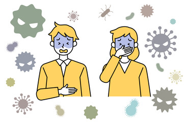 Vector illustration of stomach pain and nausea due to food poisoning Woman Male Virus Virus Infection Diarrhea Vomiting Cold