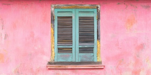 Vintage wooden shuttered window in teal against vibrant pink wall of old shophouse providing ample copy space at the center of the image.
