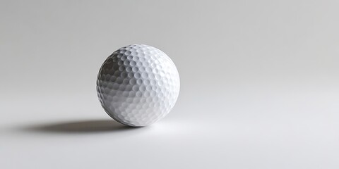 White golf ball on a smooth white surface, slightly tilted left, showcasing dimple texture and soft shadows for a clean minimalist look.