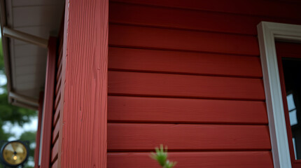 Obraz premium Red Wooden House Exterior Wall Close-Up: Architectural Detail and Texture