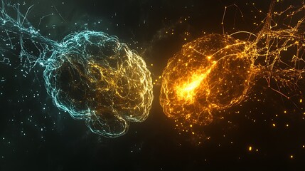 A digital and biological brain linked together by glowing neural networks symbolizing the integration of technology and human consciousness