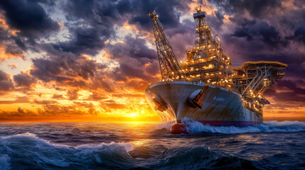 Majestic offshore oil rig illuminated by sunset against a dramatic sky over ocean waves