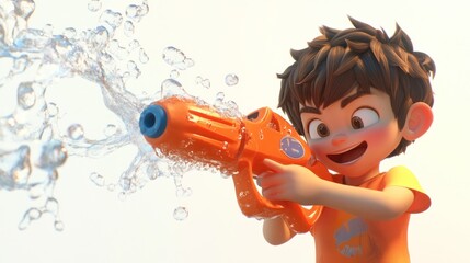 Happy boy playing with water gun splashing