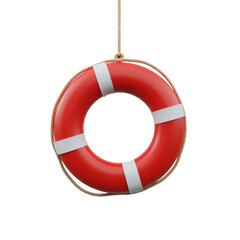Red life preserver with white stripes hanging from a tan rope on a transparent background