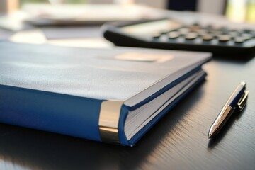 Fototapeta premium Blue book, pen, calculator on dark desk surface.