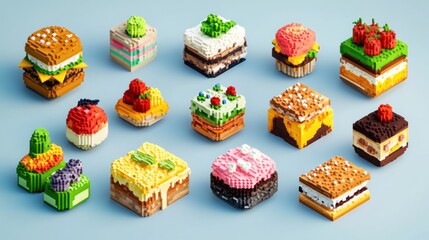 Pixelated food collection various desserts and snacks colorful treats in a blocky style