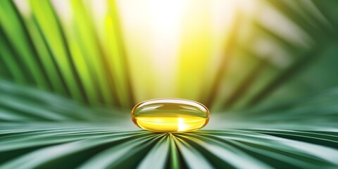 Obraz premium A yellow oil capsule resting on green palm leaves, illuminated by soft sunlight. Concept Yellow Oil Capsule, Green Palm Leaves, Soft Sunlight, Nature Photography, Tranquil Composition