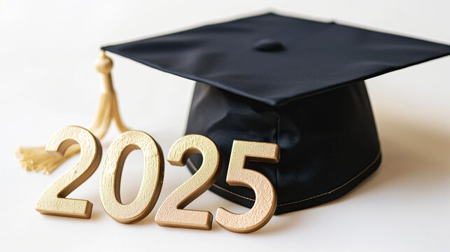 Celebrating the graduation year 2025 with a black cap and golden text on a clean white background