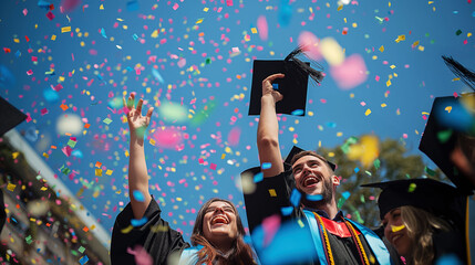Students celebrating graduation by tossing caps in the air with colorful confetti under a blue sky